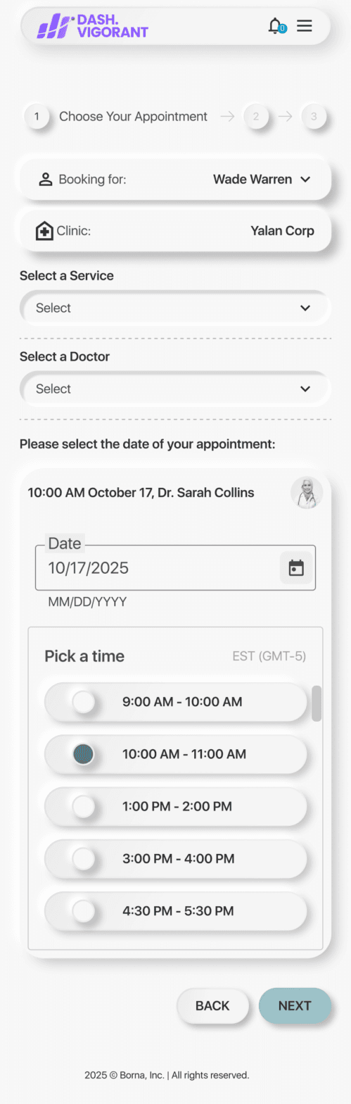 Patient app: choosing a service, doctor and time slot